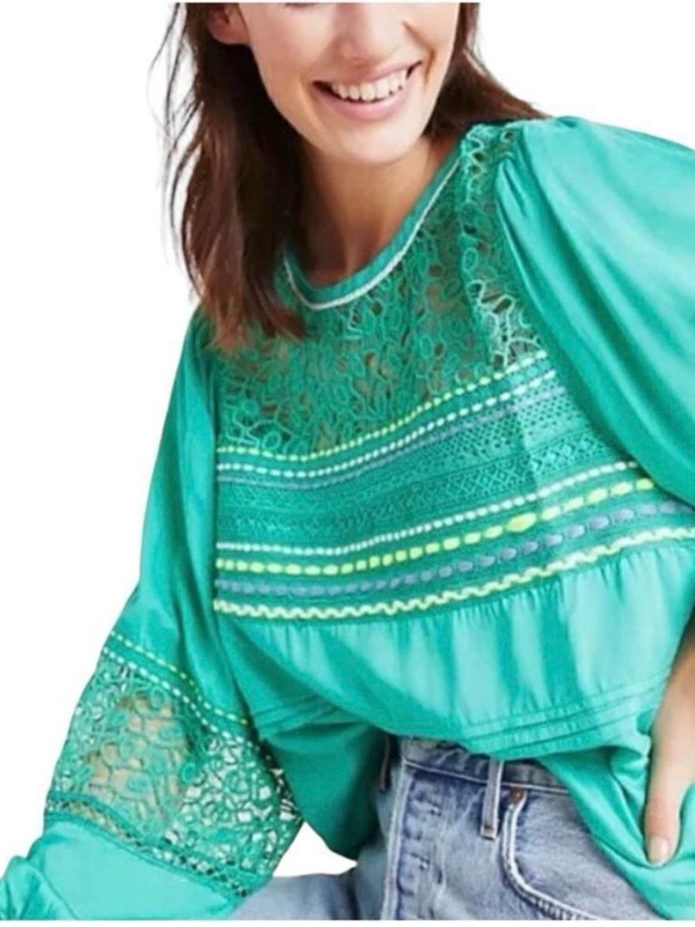 Lace Yoke Teal Blouse with Embroidered Detail